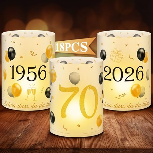 Anruzon 18Pcs Windlichter Tischdeko 70. Geburtstag - Deko 70. Geburtstag Männer und Frauen - Schwarz Gold Happy Birthday Tischdeko für Teelichter oder Kerzen