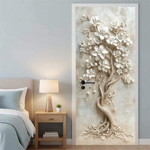 Türtapete selbstklebend 88 x 200 cm Baum des Lebens als Relief Türbilder Türposter Weiß PVC Türfolie abnehmbar für Türdeko Wohnzimmer Schlafzimmer