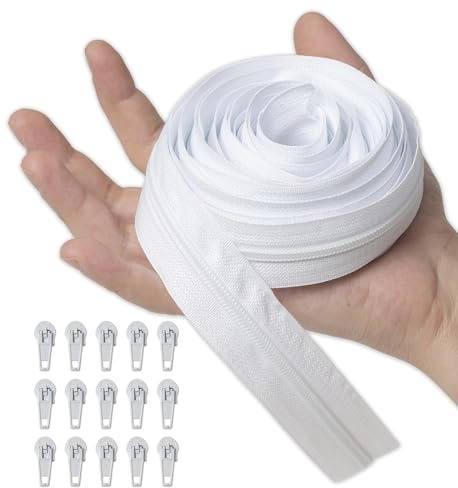 IPEA Cerniera Lampo Catena Continua misura #5 Bianca - [ 5 METRI + 15 CURSORI IN METALLO ] - Made in Italy - Zip Ritagliabile per Cucito, Abbigliamento, Accessori - Larghezza 30 mm - Bianco