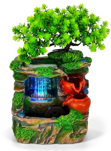 Indoor Water Fountain with LED Lights, Tabletop Waterfall Fountain with Feng Shui Wheel & Green Plants, Desktop Zen Fountain, Decorative Water Feature for Living Room, Office & Bedroom