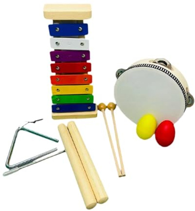 HuadaXtai Set di 5 Strumenti Musicali in Legno per Bambini, Maracas, per Maschietti E Femminucce dai Anni.