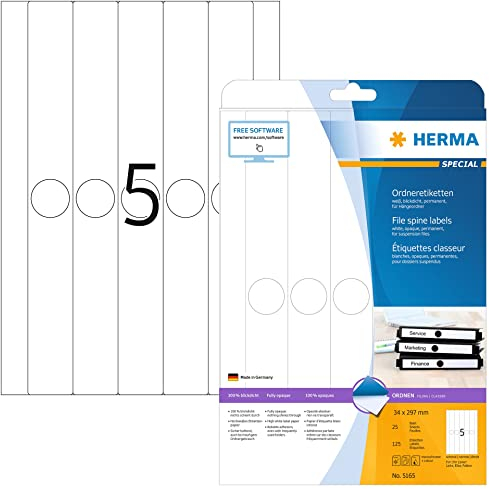HERMA 5165 Hängeordner-Etiketten lang schmal, 25 Blatt, 34 x 297 mm, 5 pro A4 Bogen, 125 Stück, selbstklebend, bedruckbar, blickdicht, blanko Papier Ordneretiketten Rückenschilder Aufkleber, weiß