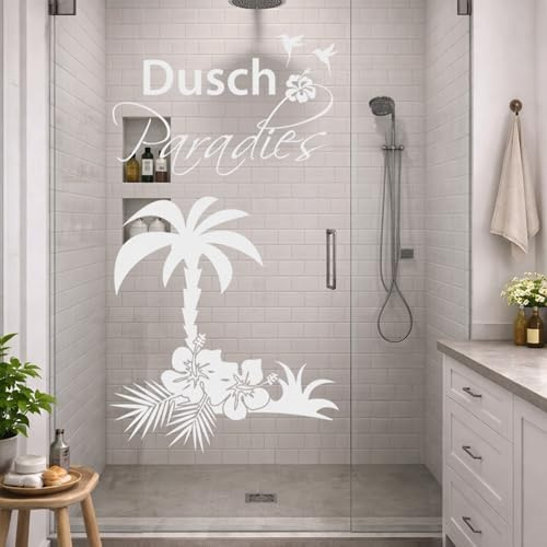 Fenstertattoo Glas-Dekorfolie Dusch Paradies mit Palme, Fensterfolie fürs Badezimmer - Glastattoo für Dusche / 55x30cm