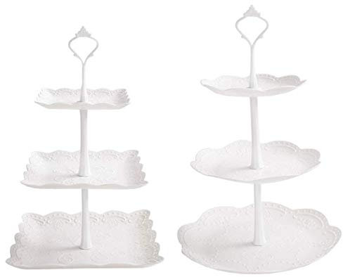 Set di 2 alzate per dolci a 3 livelli, in plastica, per dolci, dolci, dolci, dolci, buffet, piatti di frutta e vassoi per matrimoni, casa, feste di compleanno