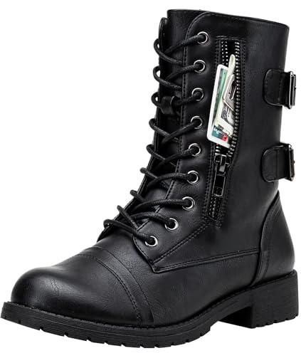 Vepose Women's Black Lace up Combat Boots, Mid Calf Hiking Boots, 929 Size 8.5 US - Credit Card Wallet Pocket (CJY929 Black 08.5)