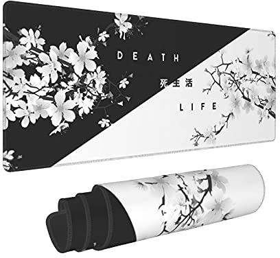 Black White Cherry Blossom Mouse Pad Japanese Sakura Death Life Extended Desk Mat 80X30 cm Non-Slip Rubber Base Stitched Edge Large XL Playmat for Gaming Laptop Computer PC Desktop,31.5×11.8 Inch