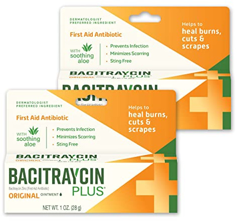 Bacitraycin Plus First Aid Antibiotic Ointment, Wound Healing Ointment for Minor Cuts, Scrapes and Burns, with Bacitracin Zinc and Moisturizing Aloe Vera, Original, 1 oz, 2 Pack