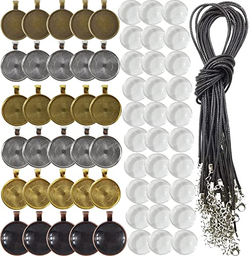 ROYHOO 90-teiliges Set mit Strass-Lünettenanhängern, 30 Cabochon-Anhängern, 30 klare Glas-Cabochons und 30 gewachste Halskettenschnur für Foto-Anhänger, DIY-Schmuckherstellung (6 Farben)