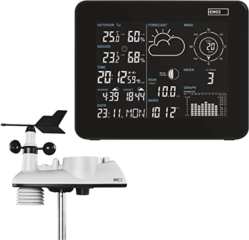 EMOS Station météo Wi-Fi professionnelle avec WiFi et application, capteur extérieur à énergie solaire - Pluviomètre et anémomètre - Station météo intelligente sans fil avec prévisions