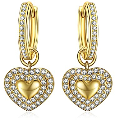 ANNA NUCCI Ohrringe Damen Vergoldet 18ct Gold mit 5A Zirkonia, Creolen Ohrstecker mit Herzanhänger, Muttertagsgeschenk Für Mama Frauen, Geschenke für Jubiläum/Geburtstag in Schmuck Box