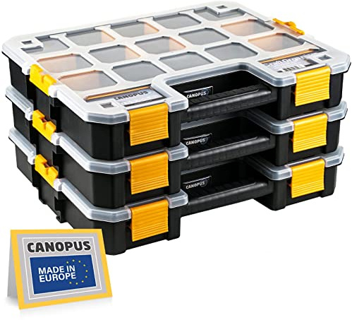 CANOPUS Heavy Duty Storage Organiser Set of 3 Stackable Interlocking Cases with Adjustable Compartments for Screws, Nails, Small Parts, 37.3L x 31.2W x 6.4H cm