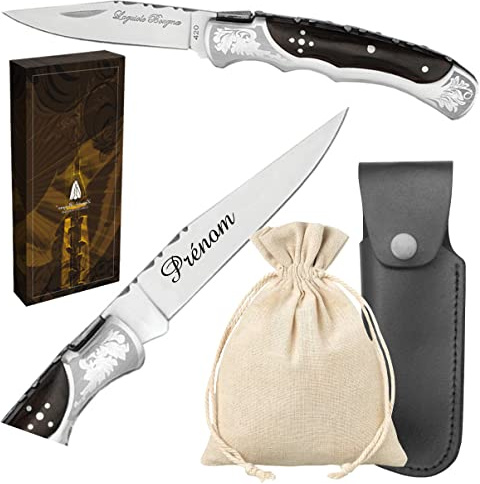 Laguiole Bougna - Couteau Personnalisé avec le Prénom de Votre Choix - Gravure Events - Cadeau pour Homme : Fête des Pères, Papa, Grands Pères (Papi, Papy) Anniversaire, Noël - Manche en Bois Marron