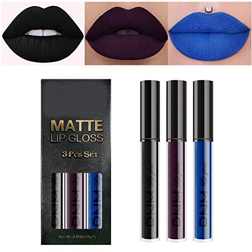 3Pcs Dark Black Blue Purple Matte Liquid Lipstick Sets, Long Lasting Matte Lipstick Lip Stain Lip Gloss Set 24 Hour Waterproof Matt Lipsticks Set (Set07)
