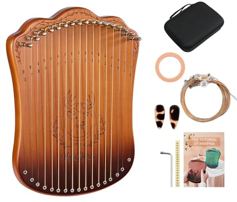 VixxNoxx Lyre Harp, 17 Metal String Portable Solid Zelkova Wood Lyra Harp Stringed Musical Instruments with Tuning Wrench, Spare String Set, Manual Book