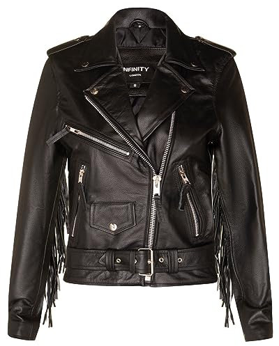 Infinity Leather Mujeres Negro FRINGE Cuero Brando TASSELED Motocicleta Retro Piel de Vaca Chaqueta de motorista 2XL