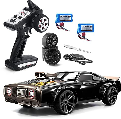 Ferngesteuertes Auto Drift RC Car 35KM/H Muscle Car 1/16 RTR 2,4G 4WD Hohe Geschwindigkeit Coole Angel-Eye-LED-Lichter, Austauschbare Reifen Wiederaufladbar Geschenk für Kinder Erwachsene Rot 2 Akku