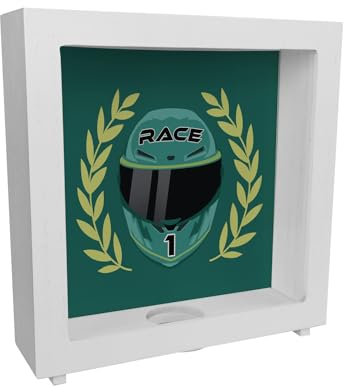 Motorsport-Helm Rahmen Spardose aus Holz in Racing Green mit Siegerkranz Coole Motorsport Rennwagen Helm Motorrad Sparschwein Racing Sparbüchse Fan Männer Rennsport Sparschwein