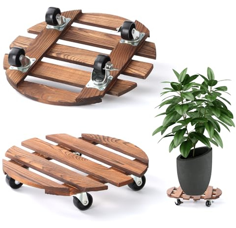 2 Pack 12 Plant Caddy with Wheels, Rolling Plant Stand 220 LB Heavy Duty Wooden Round Plant Dolly with Metal 360° Lockable Caster Wheels for Outdoor Indoor Large Plant Pots, Flower Pot, Patio