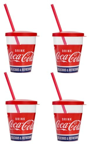 Snips, Bicchieri Coca-Cola con Cannuccia 0.385 L, Set 4 Bicchieri Plastica con tappo e Cannuccia Riutilizzabile e Lavabile in Lavastoviglie, Made in Italy