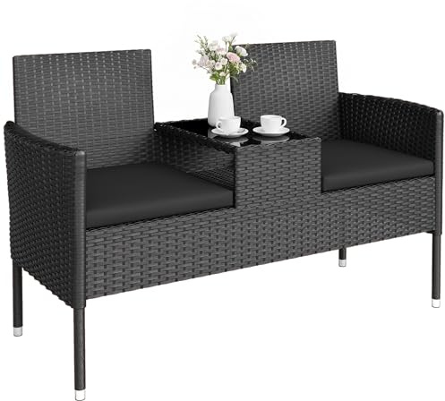 Outsunny 2-Sitzer Gartenbank mit zentralem Couchtisch, Rattan PE Sofa, Stahl und Polyester, 137x59x82 cm, Schwarz