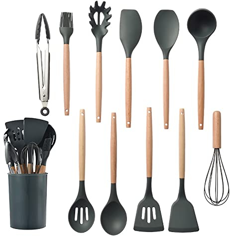 ISCBAFYX Silikon-Küchengeschirr, Kochutensilien-Set, Antihaft-Kochgeschirr, Spatel, Schaufel, Schneebesen, Holzgriff, Küche (Farbe: Schwarz)