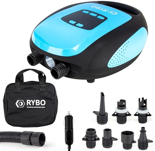 RYBO Thames Electric Air Pump, 20psi Electric Paddle Board Pump with 7 Nozzles, Smart Inflation Auto-Off, Digital Adjustable LCD Function, 12V Electric Pump for Sup's, Inflatable Kayaks and Tents