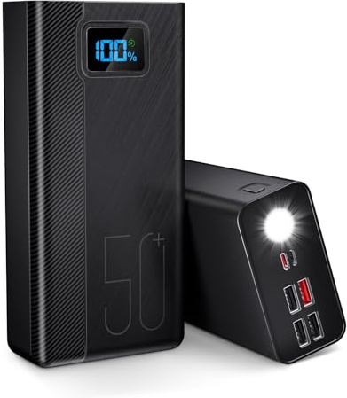 50000mAh Power Bank Tragbares Ladegerät: 22,5 W schnell aufladende Externe Batterie - Powerbank mit Taschenlampe und großer Kapazität - Schwarz Radio oidaR