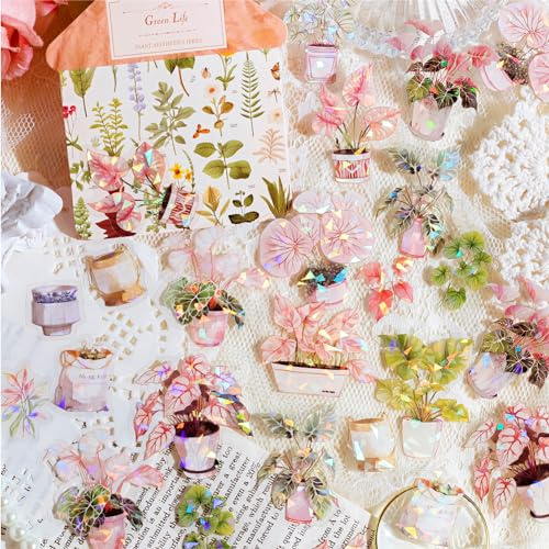 Aesthetic Scrapbook Zubehör Stickers Set,180 pcs Sticker Set Laser PET Blumenvase, Grünzeug Scrapbooking Sticker Aufkleber Deko für Photo Album,Journaling Laptops, Crafts DIY（Botanical Aesthetics）