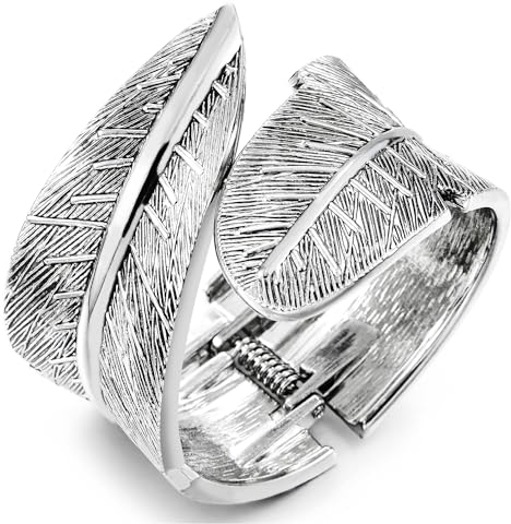 COOLSTEELANDBEYOND Strukturierte Manschetten Armreif Armband, Feder Design Scharnierverschluss, Statement Bohemien Chic Stil