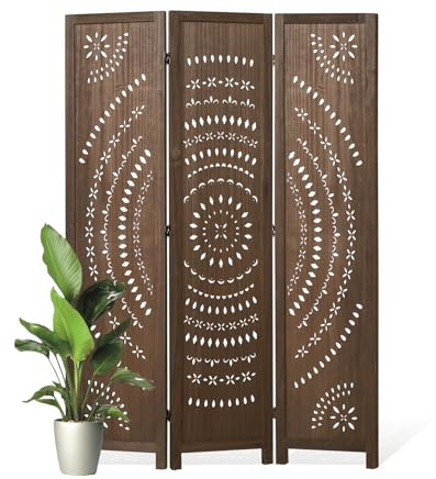 66.9Inch Folding Room Divider, 3 Panels Wood Carved Privacy Screens, Free Assembled Freestanding Partition for Home Office Restaurant Bedroom (Brown)