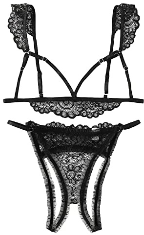 Générique Ensemble sous Vetement Femme Sexy érotique Sein Nu Soutien Gorge sans Armature Dentelle Dos Nu Tanga String Ouvert à l'entrejambe Femme Transparente Tenue Lingerie Coquine Hot (Black, M)