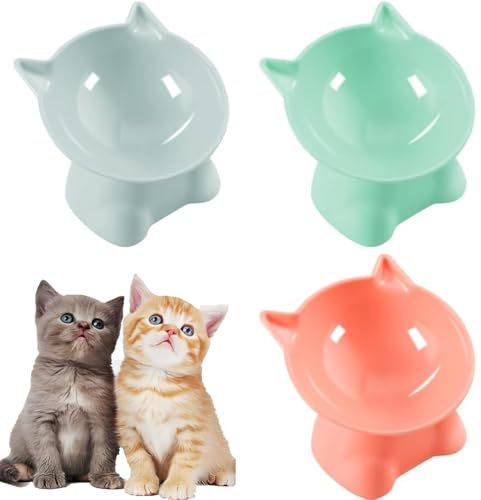 Roysmart 3 Pcs Gamelles Surélevées pour Chat - Design inclinable à 15° - Anti-vomissement - Gamell d'alimentation pour Chat (Rose, Gris et Vert)
