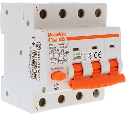 MeanWell Interruttore Magnetotermico Differenziale Trifase 380V, RCBO 3P+N C20 20A, Tipo AC Curva C 30mA 6000A, 4 Poli Occupa 4 Moduli Barra DIN