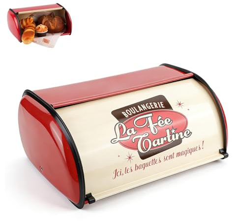 Gsycle Metal Bread Storage Container, Large Capacity Vintage Roll Top Bread Box Bread Holder Bread Dispenser Kitchen Countertop Box for Kitchen Bread Storage 13.6 * 9.1 * 5.7 in (Red)