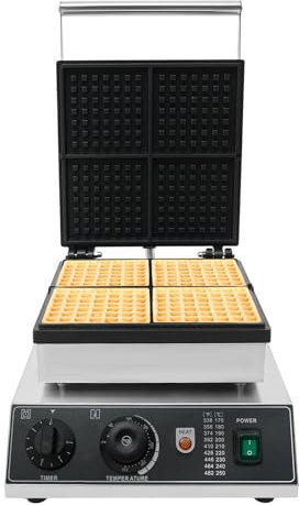 Gofrera comercial, gofrera belga, 1750 W, gofrera con 4 elementos calefactores, gofrera eléctrica, temperatura y tiempo ajustables 0-5 min/50-300 °C, revestimiento antiadherente