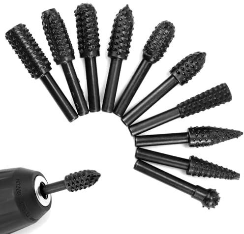 QWORK® 10PCS Wood Carving File Drill Bits, 1/4 Shank,45# Steel,- Compatible with Soft Wood, Plastics, Rubber