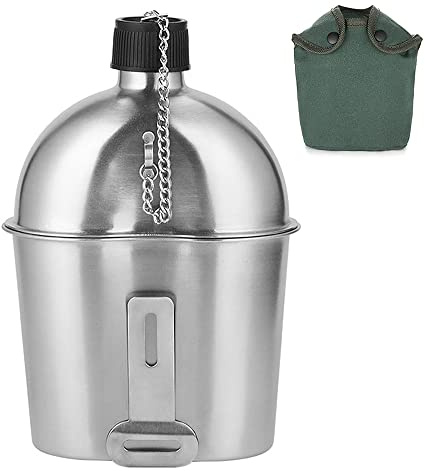 Brrnoo 1000ml/600ml Edelstahl Feldflaschen-Set mit Becher und Abdeckbeutel - robustes Kettendeckel für Outdoor Camping, Wandern und Rucksackreisen