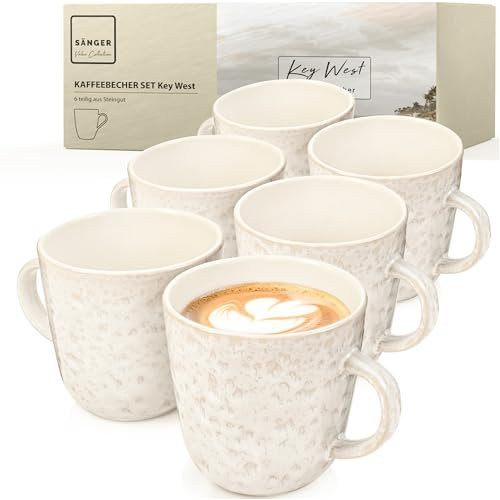 Sänger Key West | Kaffeebecher 6 Personen, Steingut Kaffeetassen Set 6er, Tassen Set Teetasse Set spülmaschinenfest mikrowellenfest, Coffee Mug Creme mit sandiger Maserung 430 ml | VALUE COLLECTION