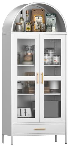 SUPEER Credenza Vetrina in Metallo con Cupola Arrotondata - Mobile con 2 Ante Vetro & 1 Cassetto Contenitore, Armadio Esposizione per Soggiorno/Camera (Bianco, 185x80x40 cm)