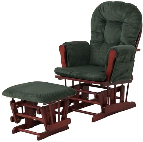 Mendler Relaxsessel HWC-C76 Stoff - grün Gestell dunkel | Schaukelstuhl, Sessel, Schwingstuhl, mit Hocker, Cord, 320g/m², Öko-Tex
