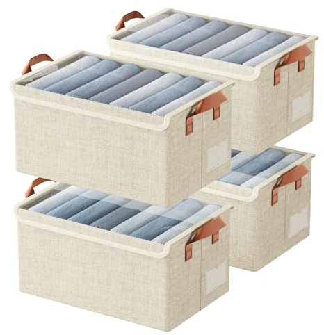 AARAINBOW Stoff Aufbewahrungsbox mit Deckel, 4 Stück Klein Faltbare Aufbewahrung für Schrank, Kleiderschrank Stoffboxen für Kleidung Spielzeug, 40x27x21cm Beige