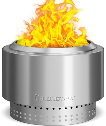 HongTaok Smokeless Fire Pit with Removable Ash Pan, Fire Pits for Garden Wood Burning, Portable Camping Firepit, for Backyard Patio, Stainless Steel, Waterproof Bag & Poker Included, 50 x 38cm, Silver