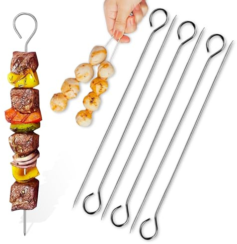 AIBULO 6PCS Stainless Steel BBQ Skewers – 24CM Reusable Metal Kebab Sticks for Grilling, Oven & Air Fryer | Heavy-Duty Food-Grade Skewers for Meat, Veggies, Chicken & Marshmallows