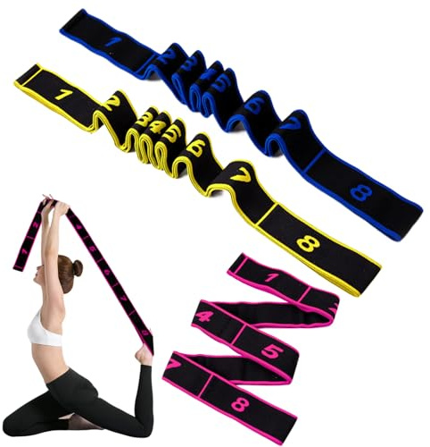 3 Pieces Ceinture de Yoga Élastique, Band Elastique Sport, Band D'étirement de Yoga avec 8 Boucle, Sangle de Yogas Elastiques Pilates, pour Fitness, Pilates, Danse, Étirement Corps, Thérapie Physique