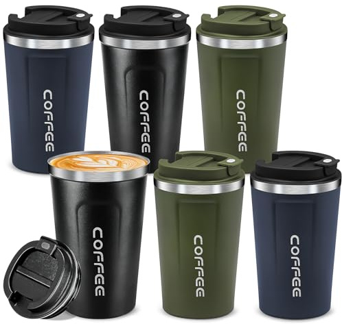 Kaxtde 6 Pack Stainless Steel Travel Mugs Bulk, 380 ml Insulated Coffee Cup for Cold Hot Drinks, Reusable to Go Tumblers with Leakproof Lid for Car Camping Gym Office (3 Colours)