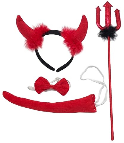 YIZITU Set di 4 costumi da diavolo con corna rosse, fascia per capelli, coda di papillon e forconi, per Halloween, cosplay, accessori, costume da diavolo, per uomini e donne
