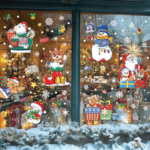 Joeyan 6 Feuilles Stickers Noel Fenetre Electrostatique,160 Pcs Autocollant Stickers Réutilisable Double Face avec Père Noël,Bonhomme en Pain D'épice,DIY Décor Magasin,Maison,École,Vitre,Verre Façades