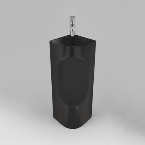 Eck-Urinal aus Porzellan für Herren mit integriertem Wasserhahn und Waschbecken,modernes 2-in-1-Design, ideal für Badezimmer, Garagen und kleine Toiletten(Pure Black)