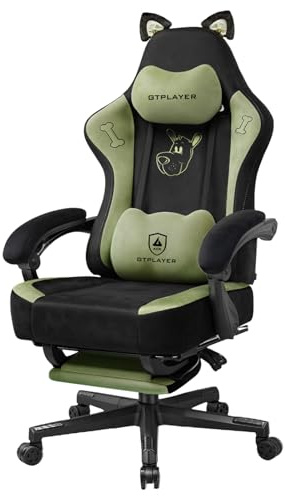 GTPLAYER Söt gamingstol med sammetstyg, gamingstol, ergonomisk kontorsstol, gamingstol med kattöron, minnesskum och fotstöd, 150 kg, grön