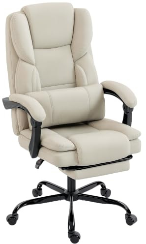 HOMCOM Bürostuhl Ergonomisch mit Verstellbare Rückenlehne Fußstütze Beige | Lendenkissen, Höhenverstellbarer Drehstuhl, aus Kunstleder, Gepolsterter Computerstuhl